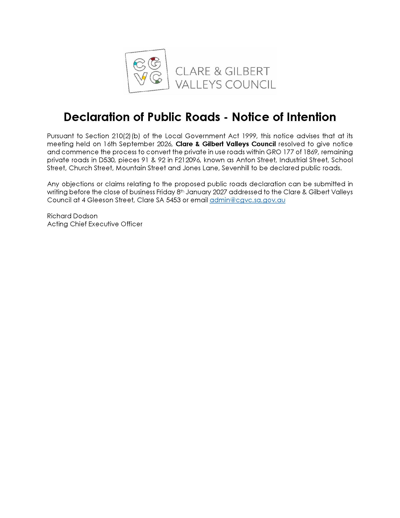 Declaration of Public Roads - Notice of Intention - Sevenhill