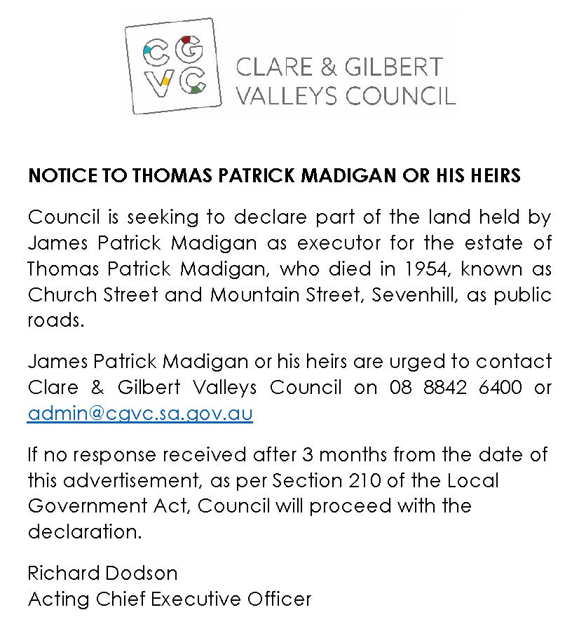 Notice to Thomas Patrick Madigan or his heirs